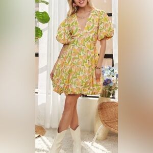 Adora NWT Floral Mini Dress Puff Sleeve Pink Orange Size S